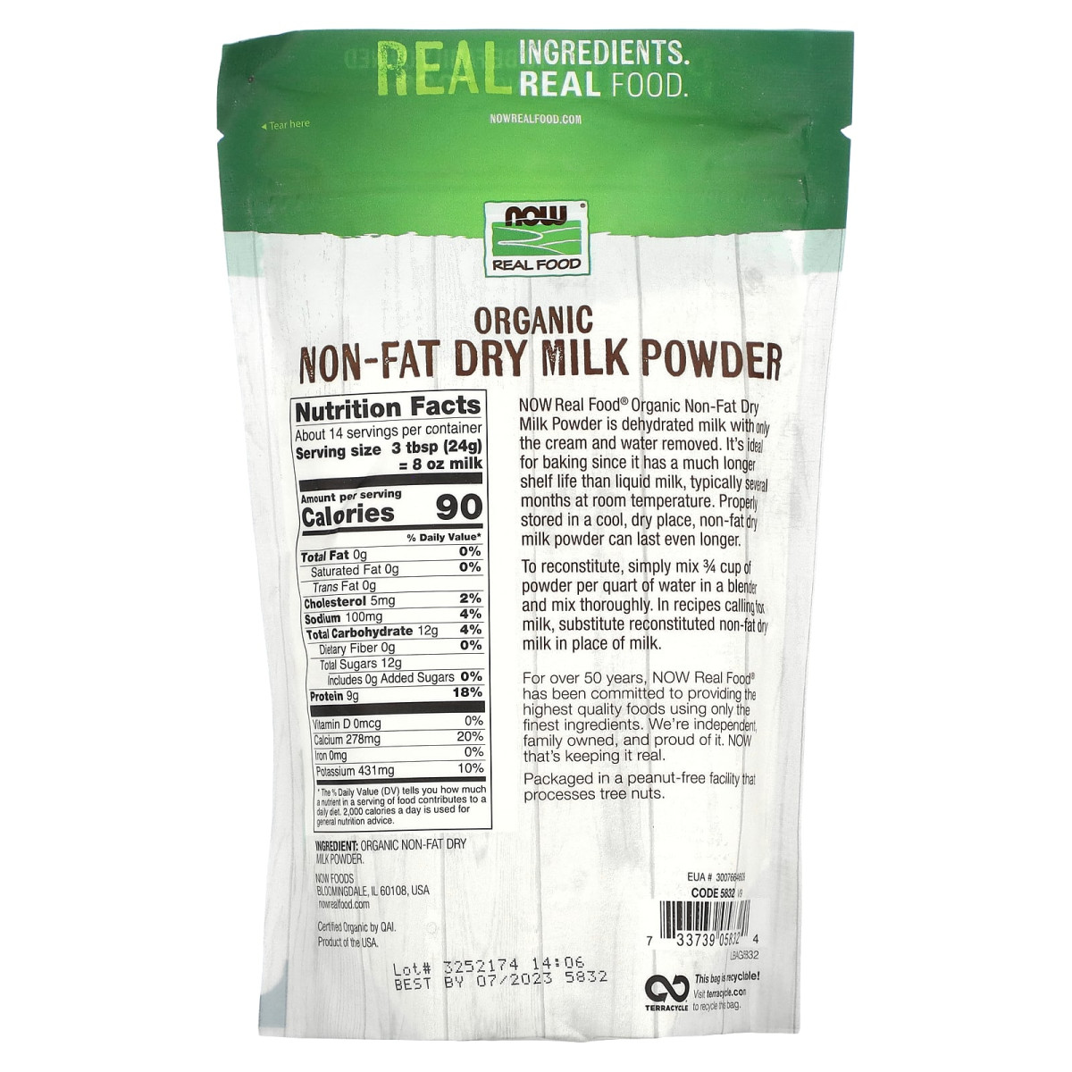 NOW Foods, Real Food, organiczne odtłuszczone mleko w proszku, 340 g