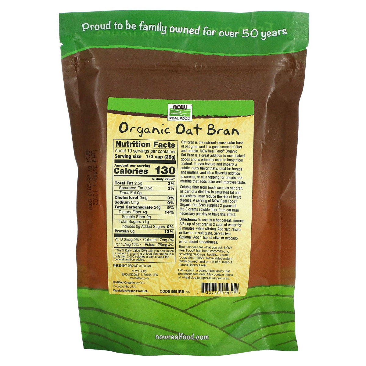 NOW Foods, Real Food, organiczne otręby owsiane, 397 g