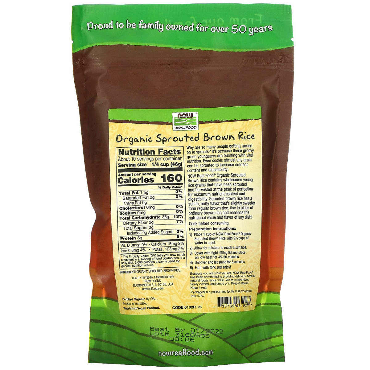 NOW Foods, Real Food, organiczny kiełkowy brązowy ryż, surowy, 454 g