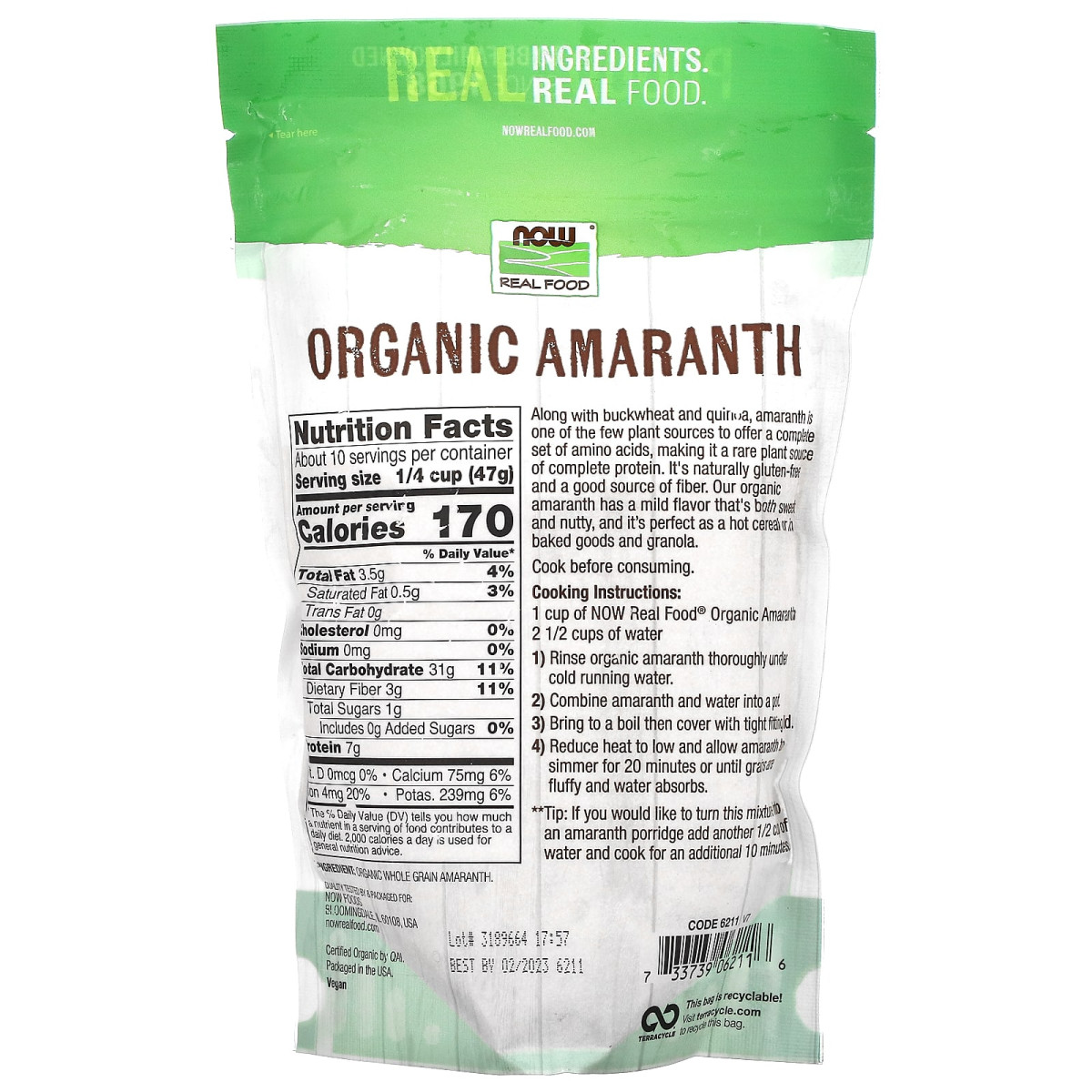 NOW Foods, Organiczny amarantus, pełnoziarniste, 454 g