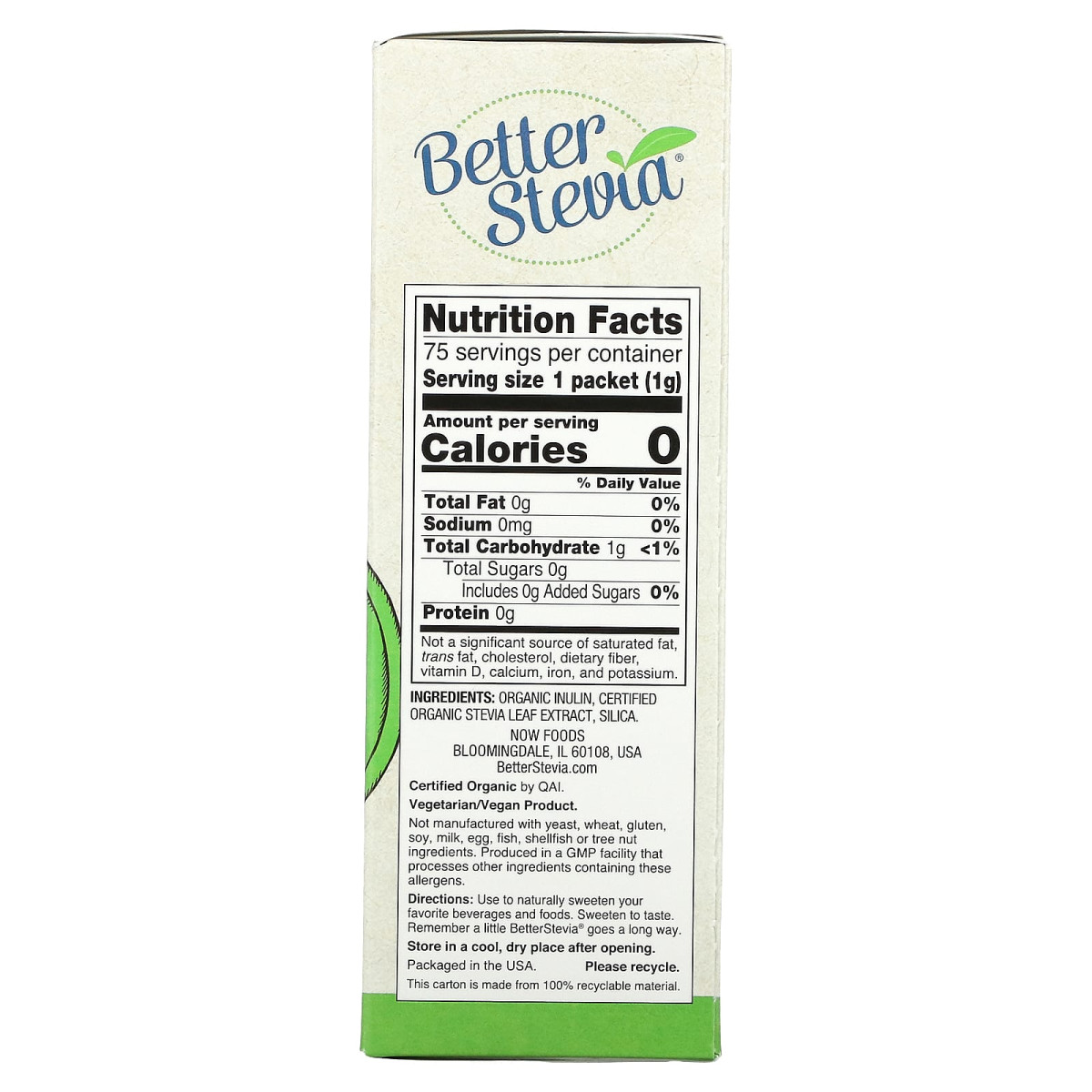 NOW Foods, Organiczna lepsza stewia, bezkaloryczny słodzik, 75 opakowań, 75 g