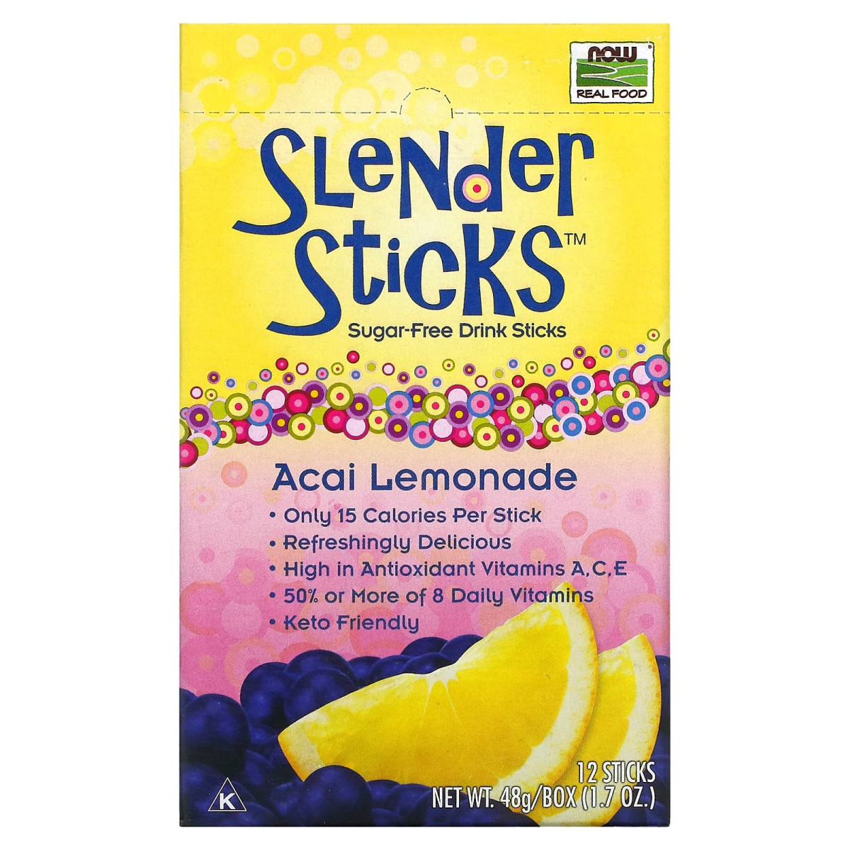 NOW Foods, Real Food, Slender Sticks, Lemoniada z acai, 12 paluszków po 4 g