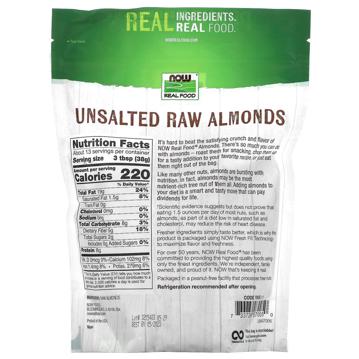 NOW Foods, Real Food, surowe migdały, niesolone, 454 g