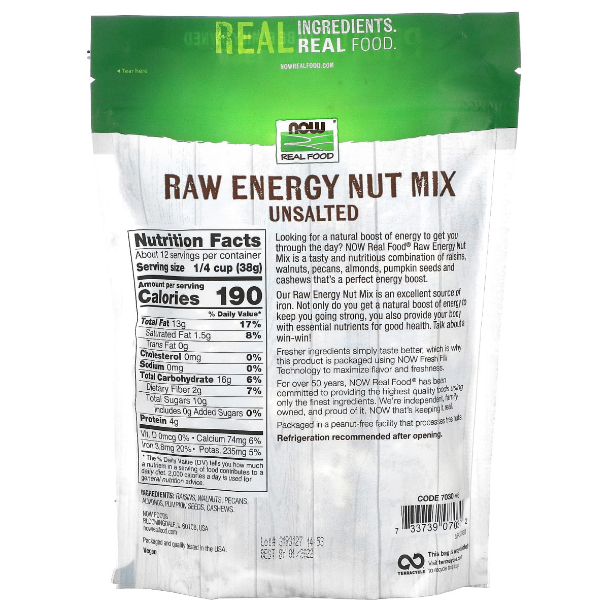 NOW Foods, Real Food, Raw Energy Nut Mix, niesolone, 454 g