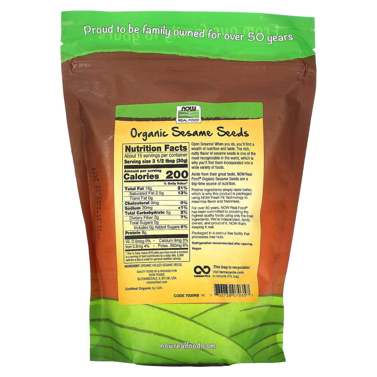NOW Foods, Real Food, organiczne surowe nasiona sezamu, 454 g