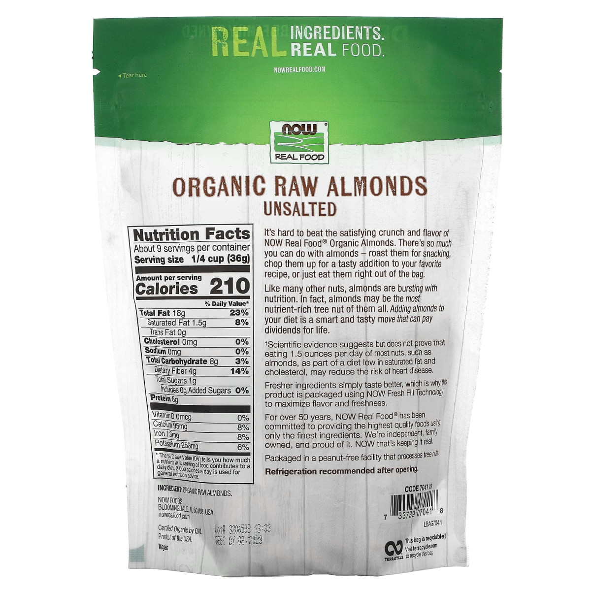 NOW Foods, Real Food, organiczne surowe migdały, niesolone, 340 g