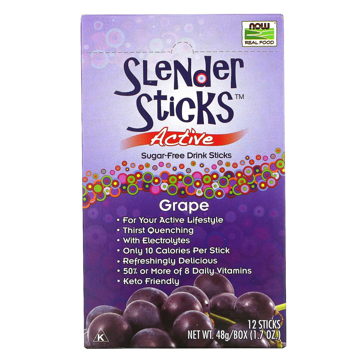 NOW Foods, Real Food, Slender Sticks, Active, Winogrono, 12 paluszków, 48 g