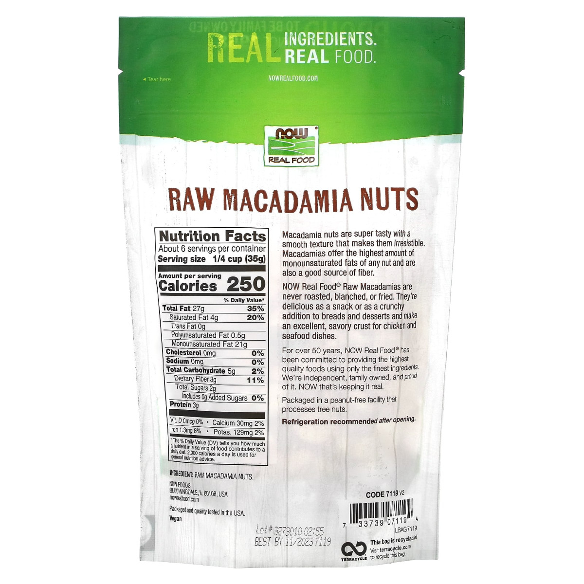 NOW Foods, Real Food, surowe orzechy makadamia, niesolone, 227 g