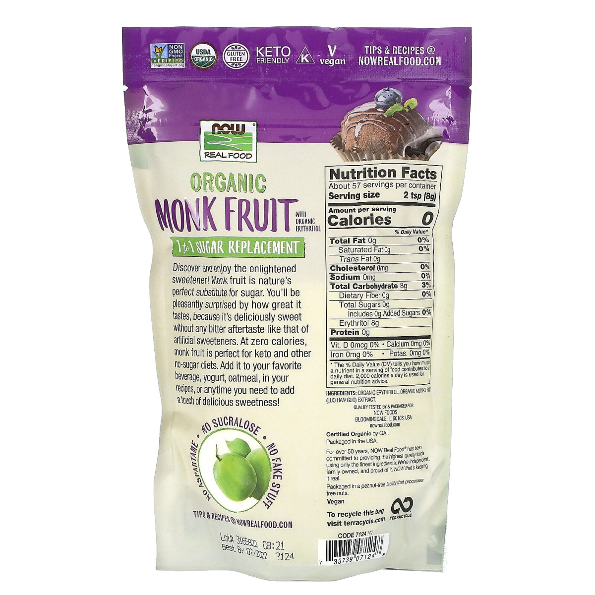 NOW Foods, Real Food, organiczne owoce mnicha, zamiennik cukru 1 w 1, 454 g